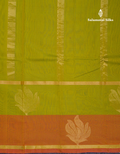 Beautiful Parrot Green Pure Cotton Saree With Contrast Mustard Yellow One Side Border