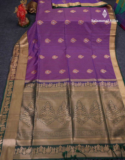 Beautiful Dark Purple Silver & Gold Zari  Semi Soft Silk Saree With Contrast Bottle Green Traditional Pallaku  Evening Morning Border