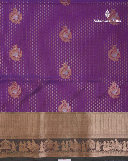 Beautiful Dark Purple Silver & Gold Zari  Semi Soft Silk Saree With Contrast Bottle Green Traditional Pallaku  Evening Morning Border