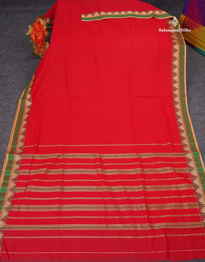9 Yards Beautiful Reddish Pink Plain Pure Cotton Saree With Maroon Traditional Temple Border