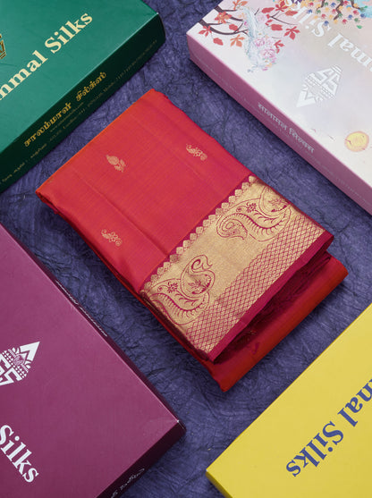 Dual Tone Pinkish Orange Pure Kanjivaram Silk Saree With Contrast Rani Pink Traditional Border
