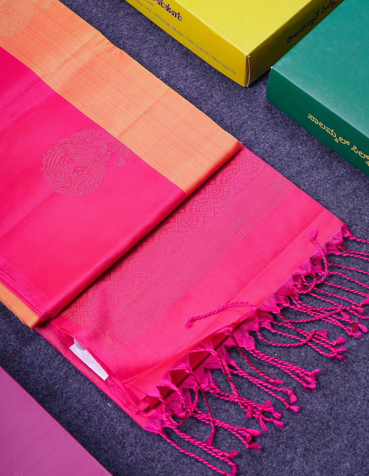 Beautiful Orange PureMix Kanjivaram Soft Silk Saree With Contrast Pink Fancy Border