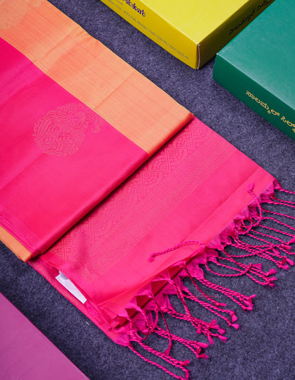 Beautiful Orange PureMix Kanjivaram Soft Silk Saree With Contrast Pink Fancy Border