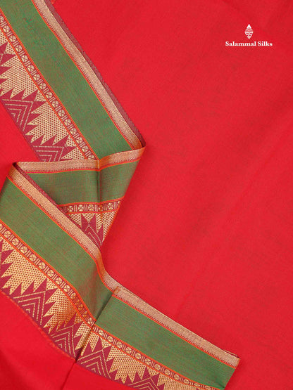 9 Yards Beautiful Reddish Pink Plain Pure Cotton Saree With Maroon Traditional Temple Border
