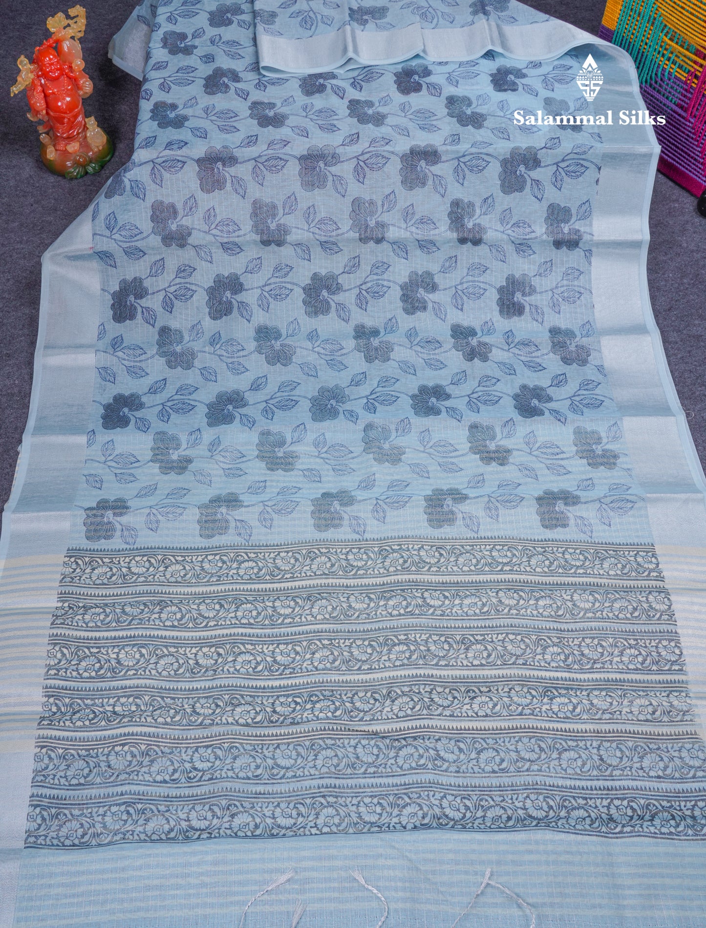 Pastel Blue Tissue Kota Cotton Printed Saree With Tissue Border