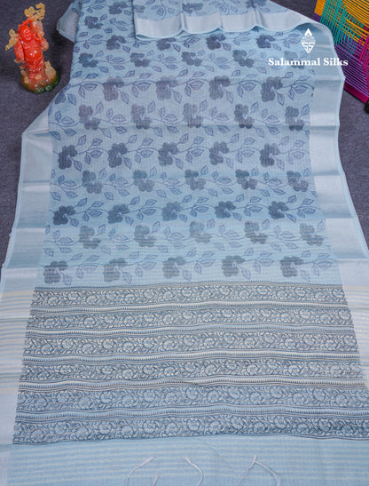 Pastel Blue Tissue Kota Cotton Printed Saree With Tissue Border