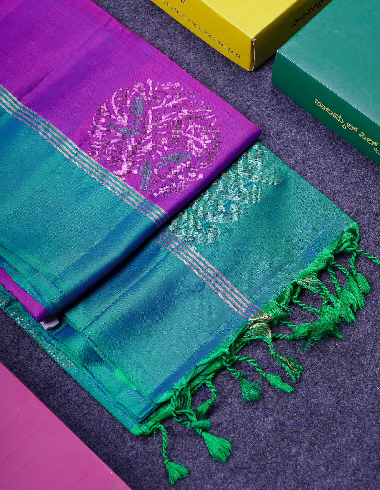 Beautiful Purple PureMix Kanjivaram Soft Silk Saree With Contrast Dual Tone Peacock Green Fancy Border