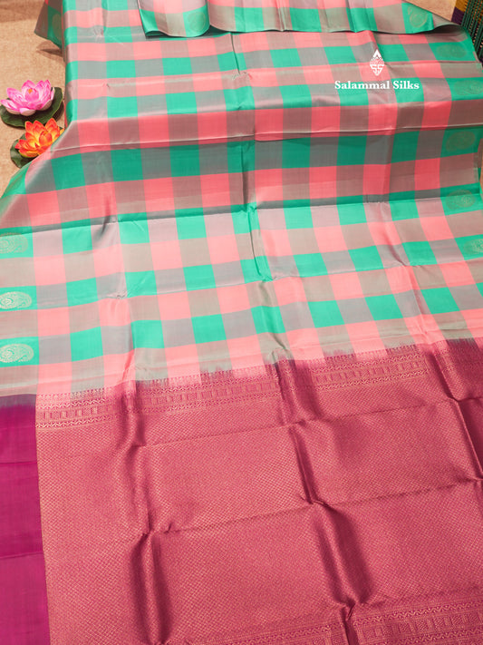 Pure Kanjivaram Palum Pazam Checks Silk Saree With Violet Blouse