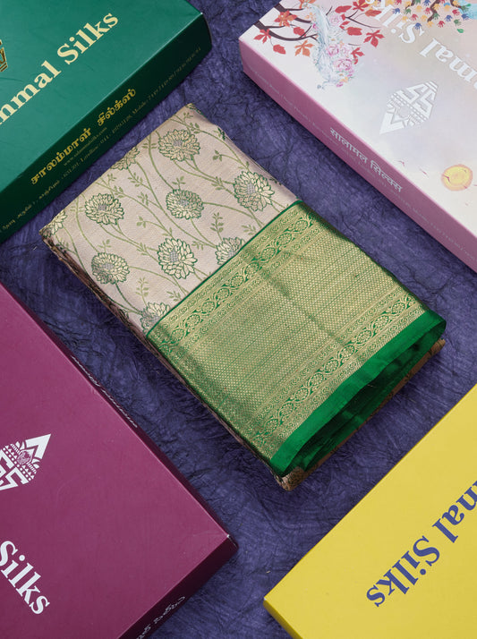 Peach Beautiful Meenakari Work Pure Kanjivaram Silk Saree 2G Zari With Green Border