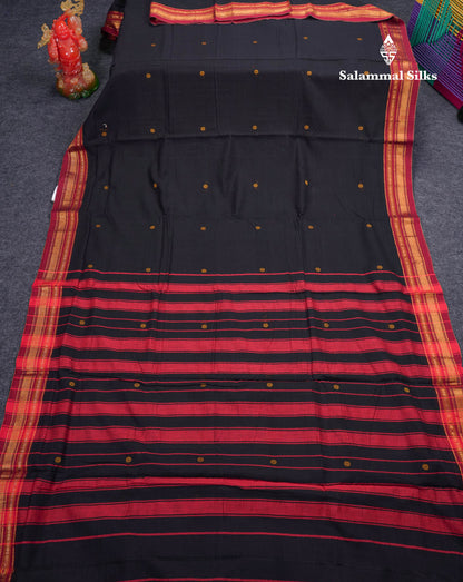 Beautiful Black Thread Work Butta Pure Cotton Saree With Contrast Maroon Traditional Border