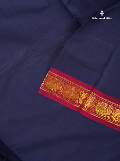 9 Yards Beautiful Navy Blue Plain Pure Cotton Saree With Maroon Border