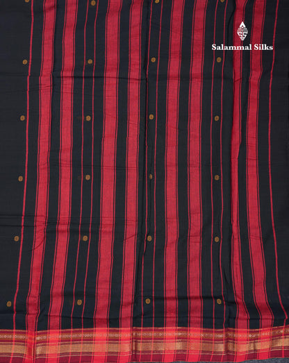 Beautiful Black Thread Work Butta Pure Cotton Saree With Contrast Maroon Traditional Border