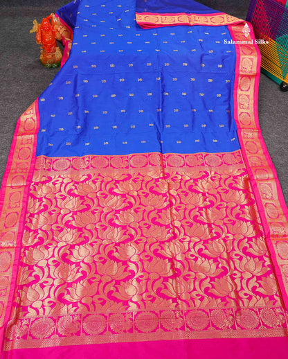 Semi Silk Saree - Royal Blue Colour Body Zari Butta With Contrast Pink Traditional Border | 10.5 Yards