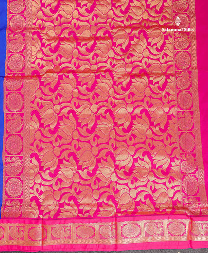 Semi Silk Saree - Royal Blue Colour Body Zari Butta With Contrast Pink Traditional Border | 10.5 Yards