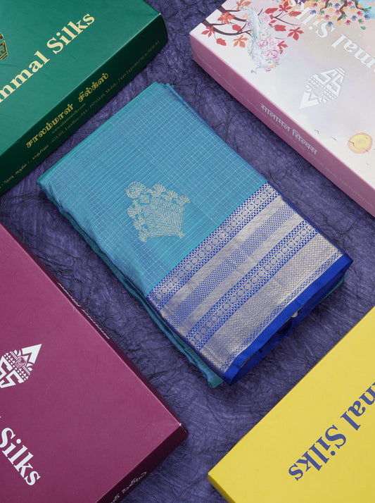 Dual Tone Rama Blue Vaira Oosi Small Checks Pure Kanjivaram Silk Saree With Contrast Violet Border