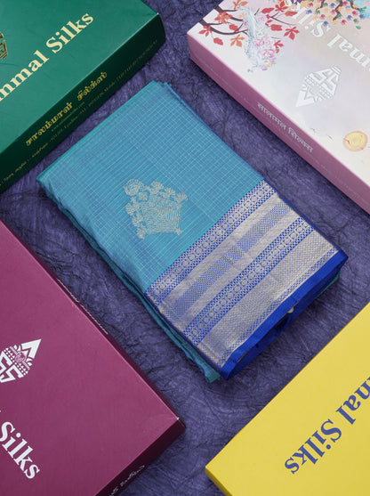 Dual Tone Rama Blue Vaira Oosi Small Checks Pure Kanjivaram Silk Saree With Contrast Violet Border