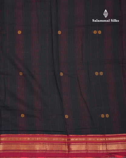 Beautiful Black Thread Work Butta Pure Cotton Saree With Contrast Maroon Traditional Border