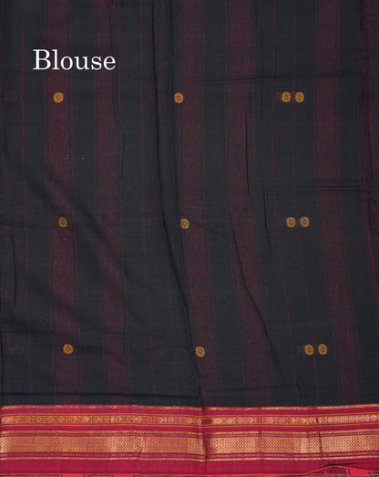 Beautiful Black Thread Work Butta Pure Cotton Saree With Contrast Maroon Traditional Border
