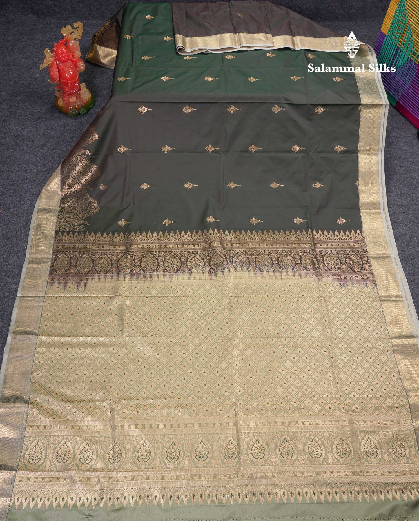 Beautiful Dual Tone Bottle Green Semi Silk Saree With Contrast Greenish Grey Traditional Medium Border