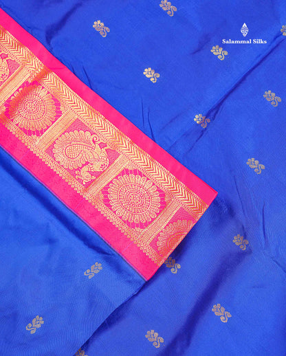 Semi Silk Saree - Royal Blue Colour Body Zari Butta With Contrast Pink Traditional Border | 10.5 Yards