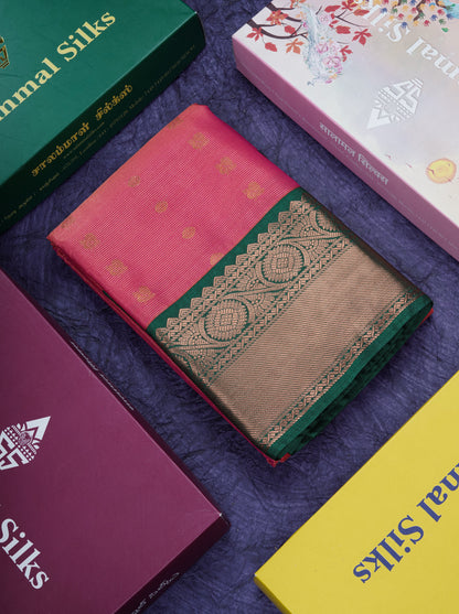 Peach Pink Vairaoosi Lines Semi Silk Saree With Contrast Sapphire Green Border
