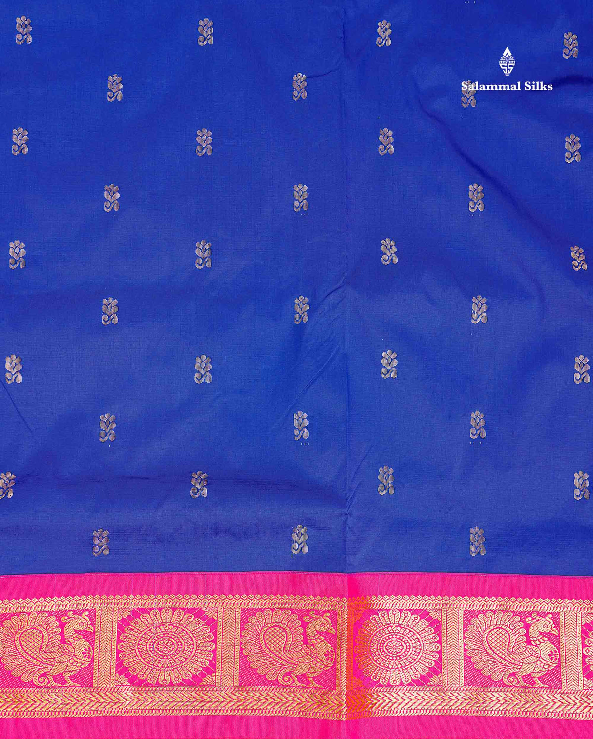 Semi Silk Saree - Royal Blue Colour Body Zari Butta With Contrast Pink Traditional Border | 10.5 Yards