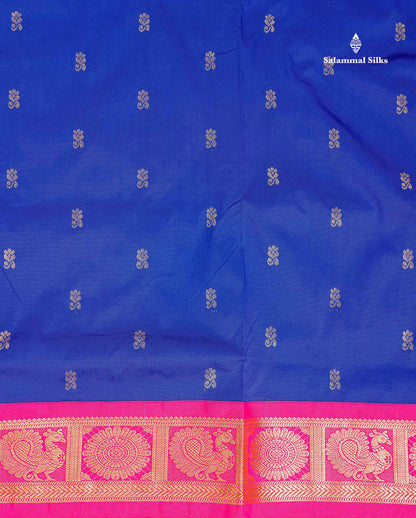 Semi Silk Saree - Royal Blue Colour Body Zari Butta With Contrast Pink Traditional Border | 10.5 Yards