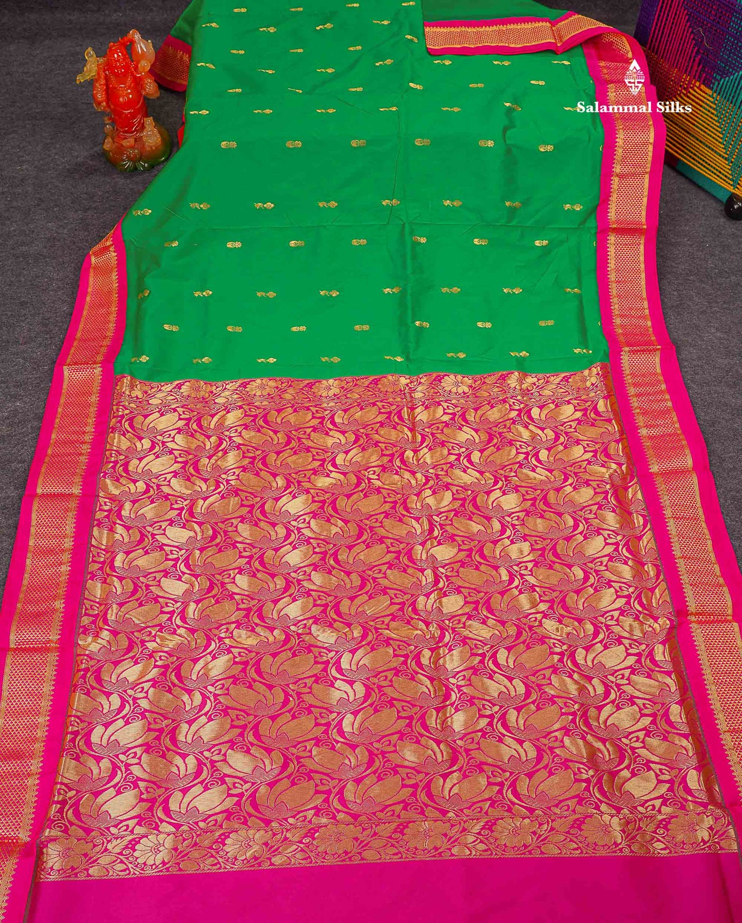 Semi Silk Saree - Green Colour Body Zari Buttas With Contrast Pink Border | 10 Yards