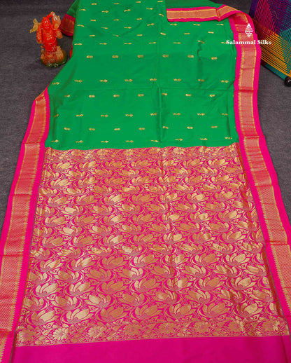 Semi Silk Saree - Green Colour Body Zari Buttas With Contrast Pink Border | 10 Yards