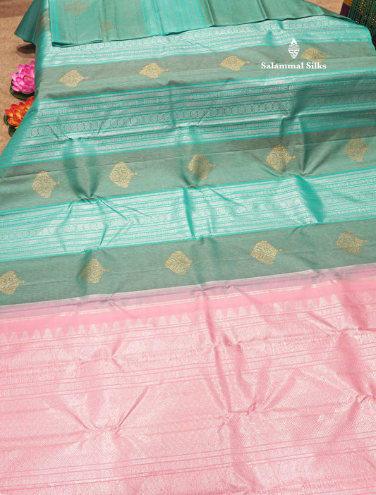 Kanjivaram Beautiful Sea Blue Body Stripe Buttas Pure Silk Saree With Baby Pink Blouse