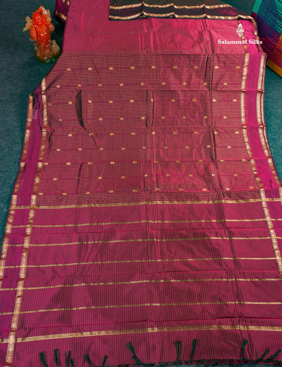 Semi Silk Saree - Wine Colour Body Small Checks With Butta & Traditional Rettapet Border