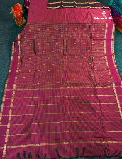 Semi Silk Saree - Wine Colour Body Small Checks With Butta & Traditional Rettapet Border