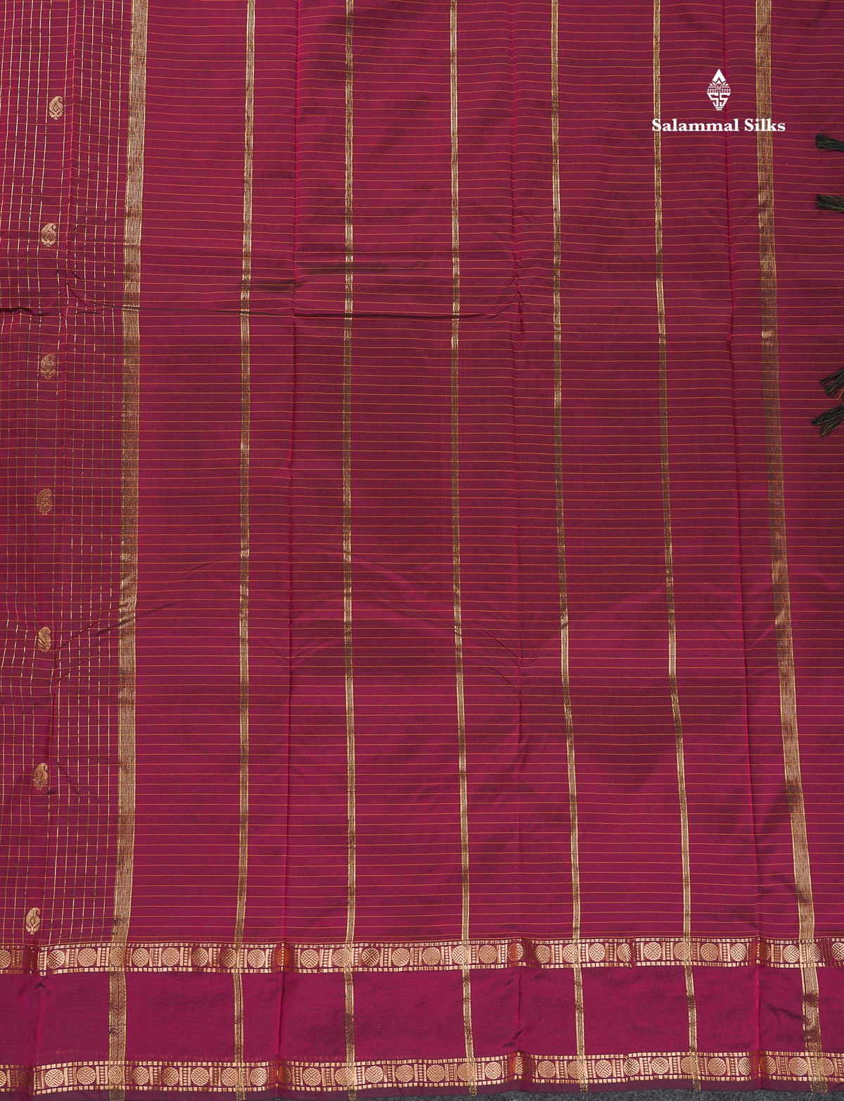 Semi Silk Saree - Wine Colour Body Small Checks With Butta & Traditional Rettapet Border