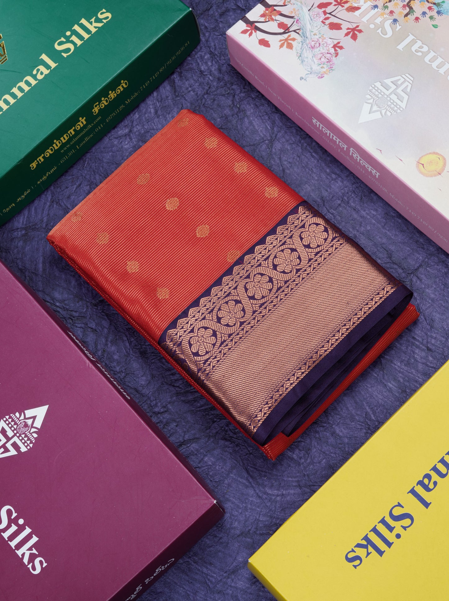 Reddish Maroon Vairaoosi Lines With Butta Semi Silk Saree With Contrast Purple Border