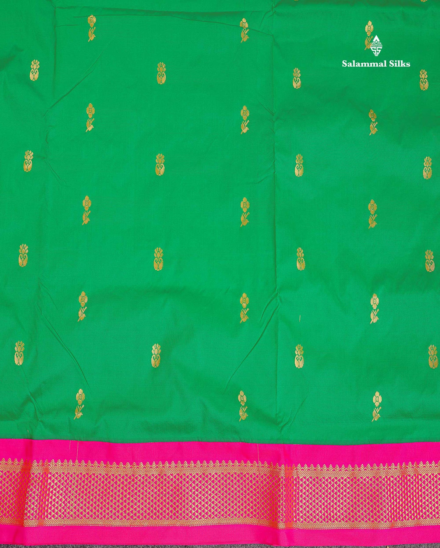Semi Silk Saree - Green Colour Body Zari Buttas With Contrast Pink Border | 10 Yards