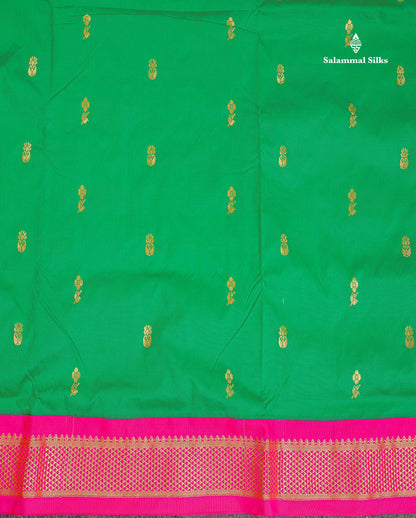 Semi Silk Saree - Green Colour Body Zari Buttas With Contrast Pink Border | 10 Yards