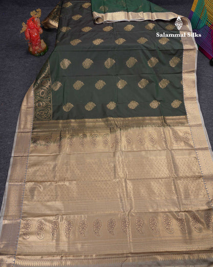 Beautiful Bottle Green Semi Silk Saree With Contrast Light Grey Traditional Medium Border