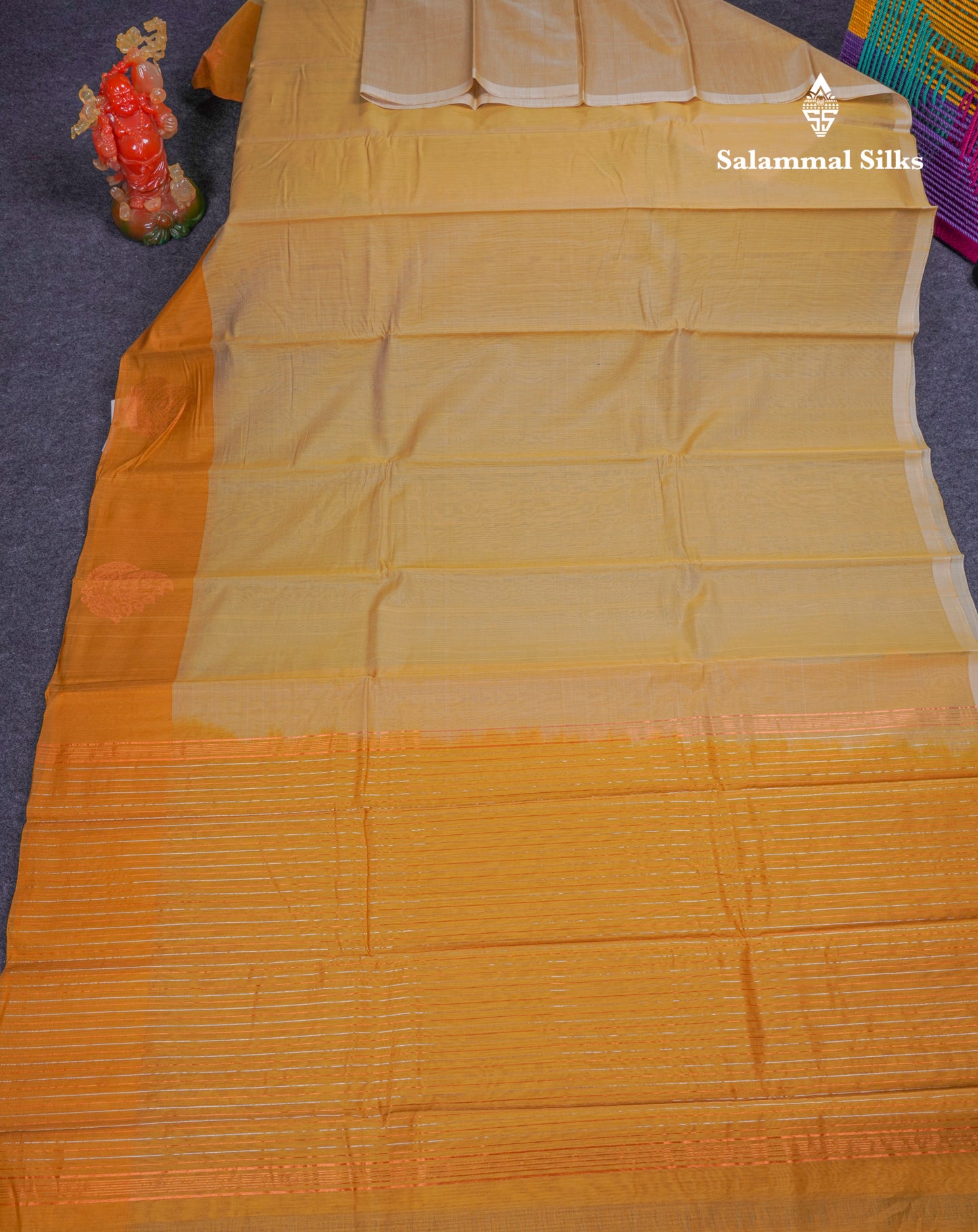 Beautiful Sandal Pure Cotton Saree With Contrast Mustard Yellow One Side Border