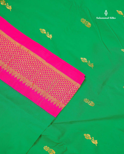 Semi Silk Saree - Green Colour Body Zari Buttas With Contrast Pink Border | 10 Yards