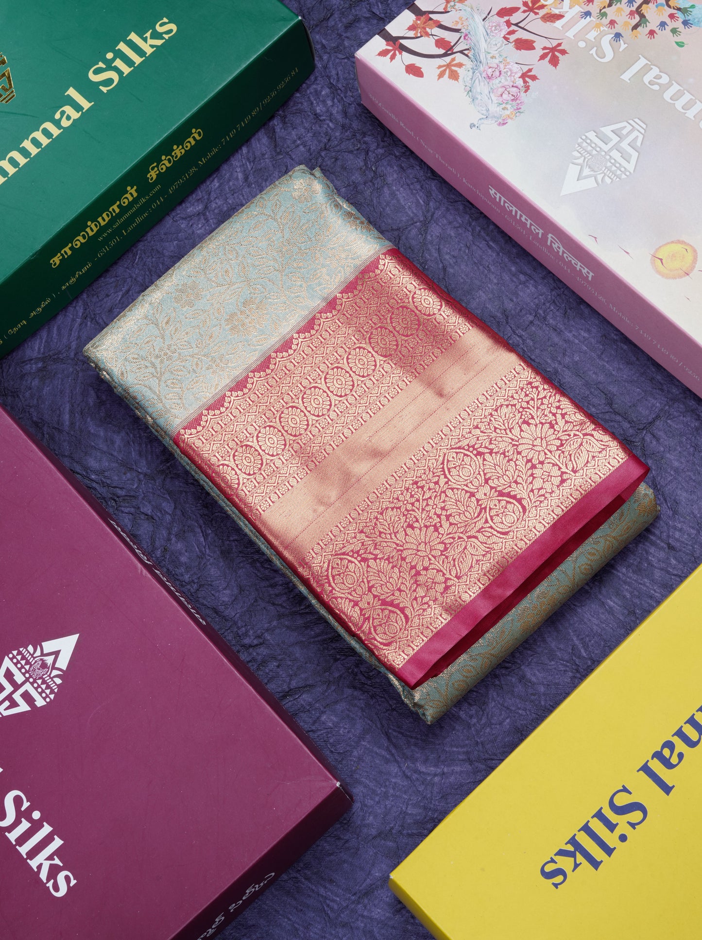 Pastel Blue Bridal Tissue Semi Silk Saree With Contrast Pink Long Border