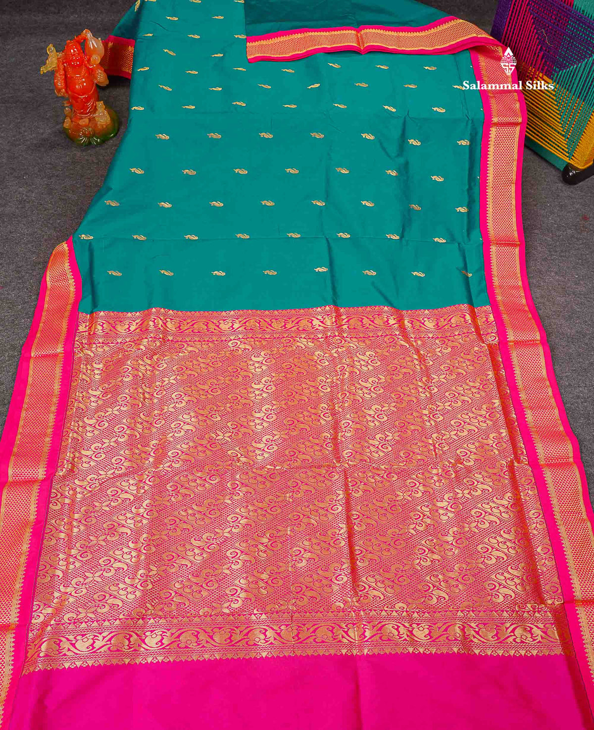 Semi Silk Saree - Teal Green Colour Body Zari Butta With Contrast Pink Border | 10.5 Yards