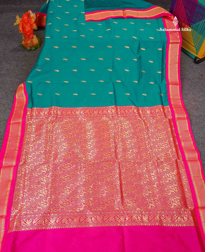 Semi Silk Saree - Teal Green Colour Body Zari Butta With Contrast Pink Border | 10.5 Yards