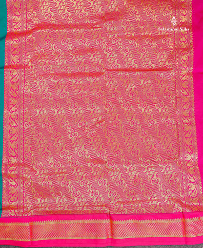Semi Silk Saree - Teal Green Colour Body Zari Butta With Contrast Pink Border | 10.5 Yards