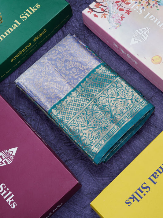 Violet Bridal Tissue Semi Silk Saree With Contrast Peacock Green Long Border