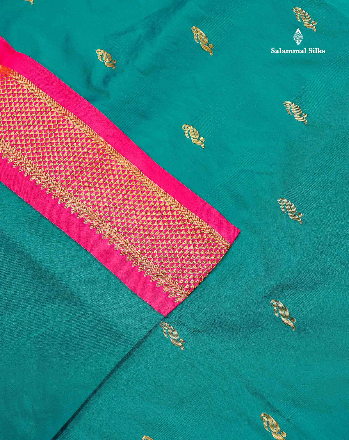 Semi Silk Saree - Teal Green Colour Body Zari Butta With Contrast Pink Border | 10.5 Yards