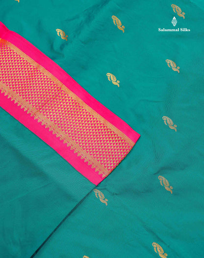 Semi Silk Saree - Teal Green Colour Body Zari Butta With Contrast Pink Border | 10.5 Yards