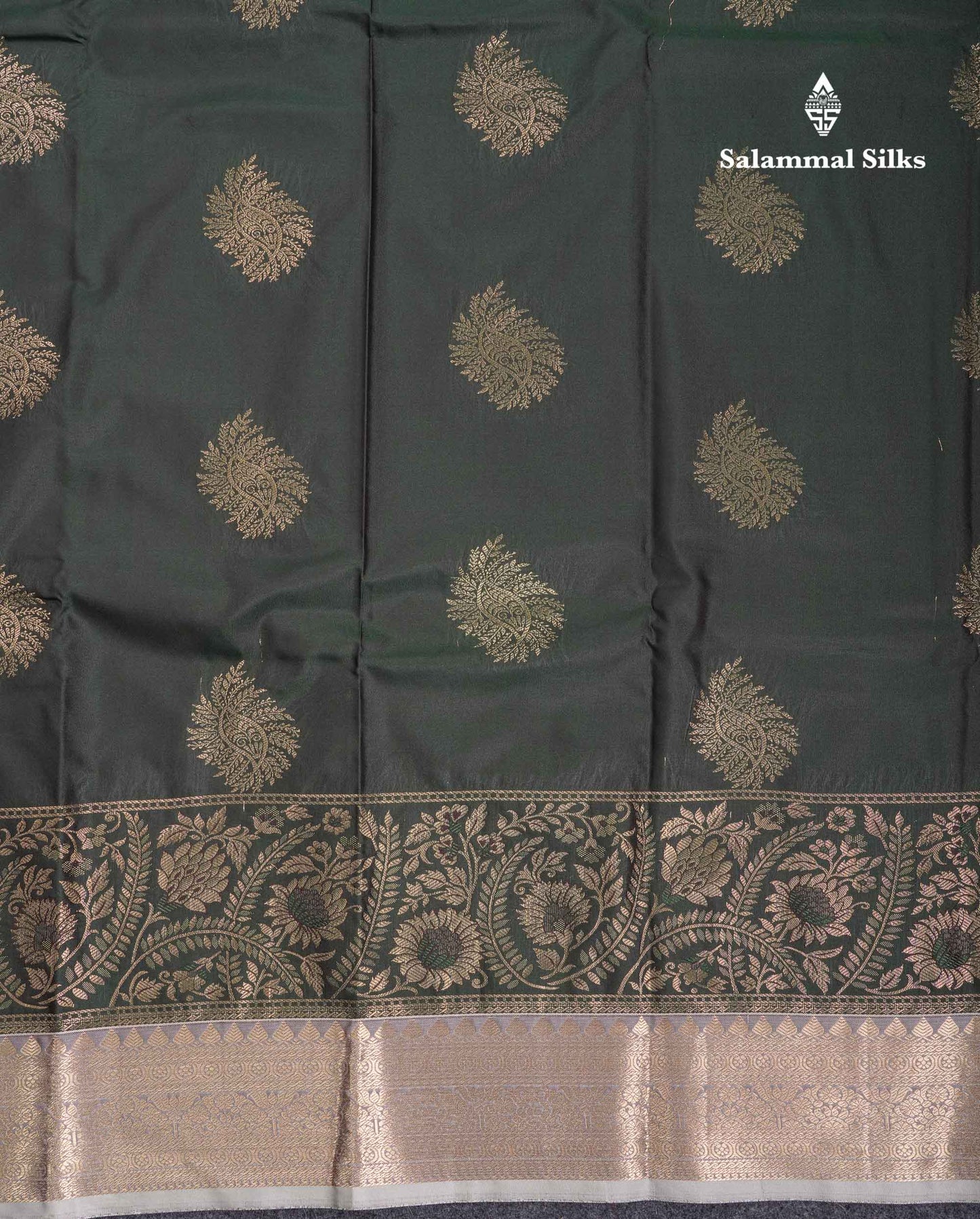 Beautiful Bottle Green Semi Silk Saree With Contrast Light Grey Traditional Medium Border