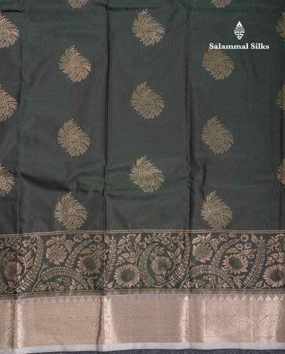 Beautiful Bottle Green Semi Silk Saree With Contrast Light Grey Traditional Medium Border