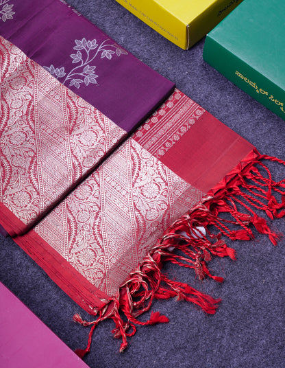 Beautiful Dark Purple Pure Kanjivaram Soft Silk Saree With Contrast Redish Maroon Evening Morning Border