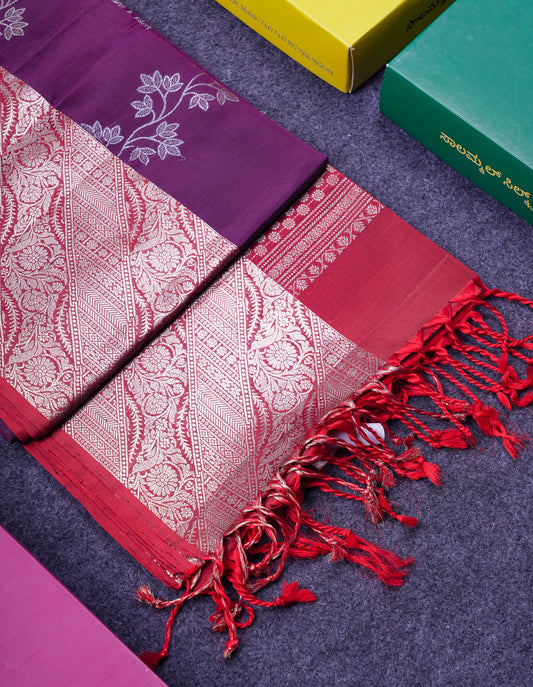 Beautiful Dark Purple Pure Kanjivaram Soft Silk Saree With Contrast Redish Maroon Evening Morning Border